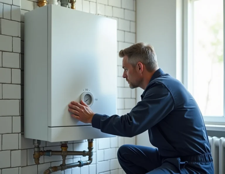 Technicien inspectant une chaudière à gaz murale moderne dans une buanderie carrelée