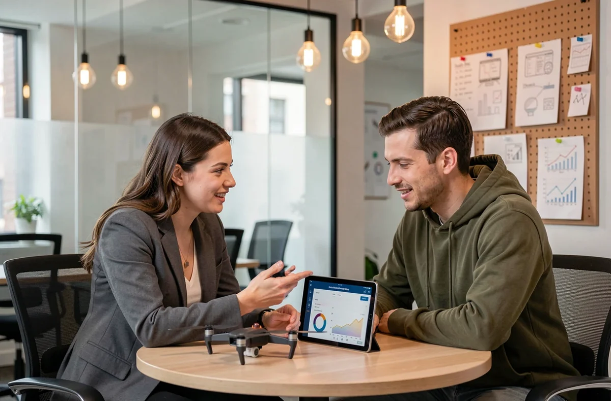 Deux collègues analysant un tableau de bord numérique et un drone dans un espace de co-working high-tech