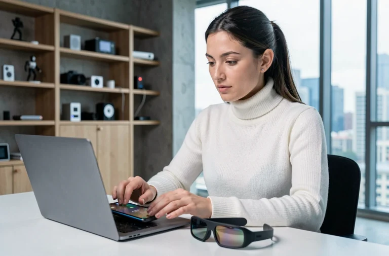 Femme utilisant un smartphone pliable et des lunettes AR dans un espace de travail technologique moderne