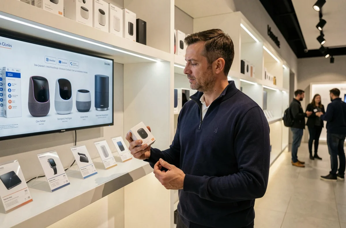 Homme explorant les dernières montres connectées et assistants IA dans un magasin high-tech