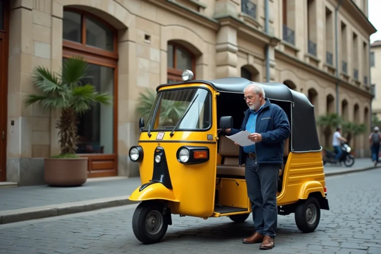 Homme examinant un tuk tuk homologué immatriculé en France dans une rue pavée de ville provinciale