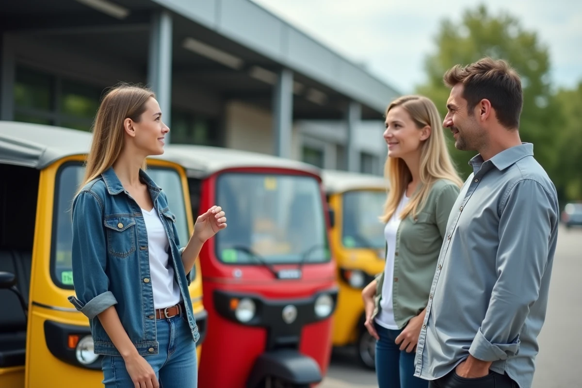 Vendeur présentant des tuk tuks homologués à un couple dans un espace de vente automobile en France